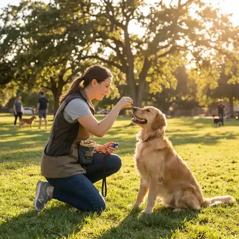 Entrenador de perros profesional trabajando con un golden retriever en un parque de Caracas